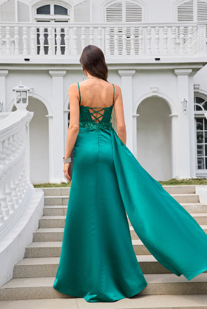 Emerald Green Satin Mermaid Prom Dresses with Sequin Applique