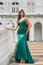 Emerald Green Satin Mermaid Prom Dresses with Sequin Applique