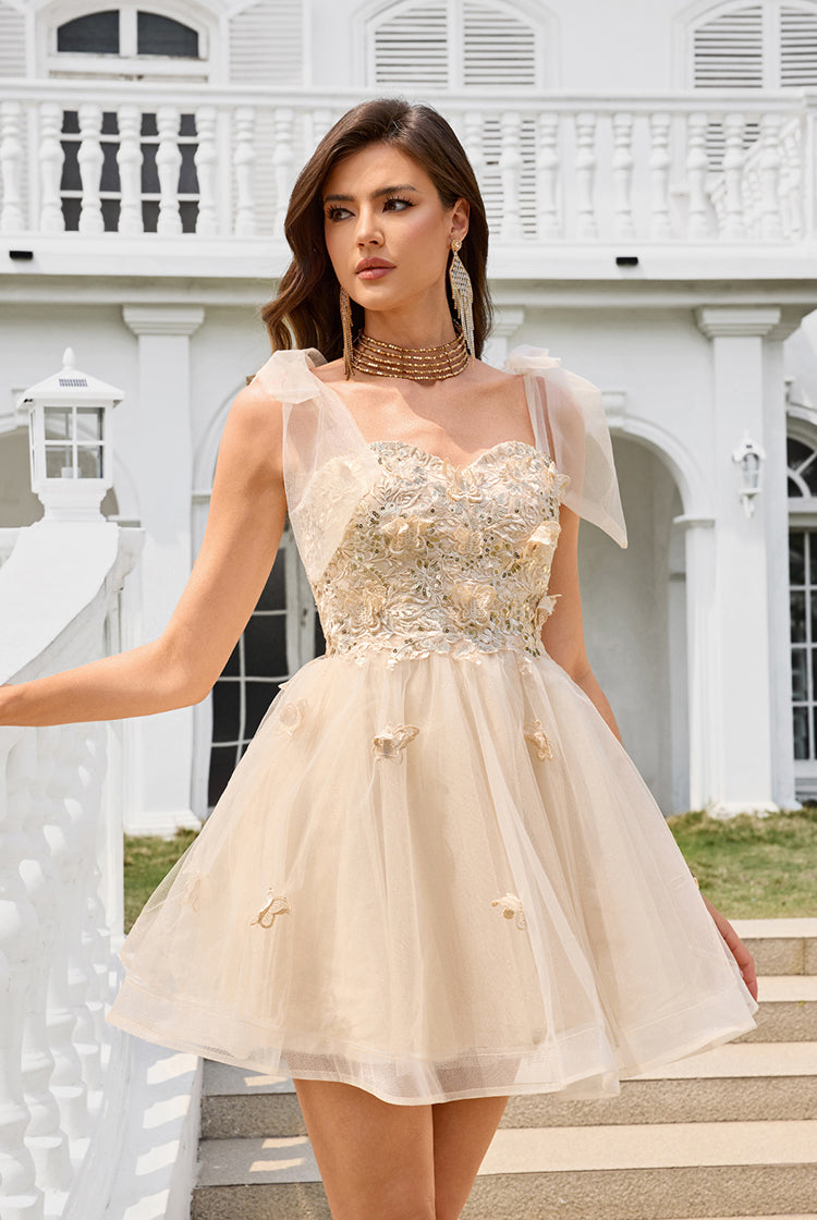 Champagne Organza A-Line Homecoming Dresses with Bow Tie