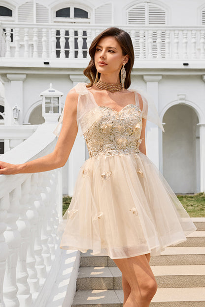 Champagne Organza A-Line Homecoming Dresses with Bow Tie