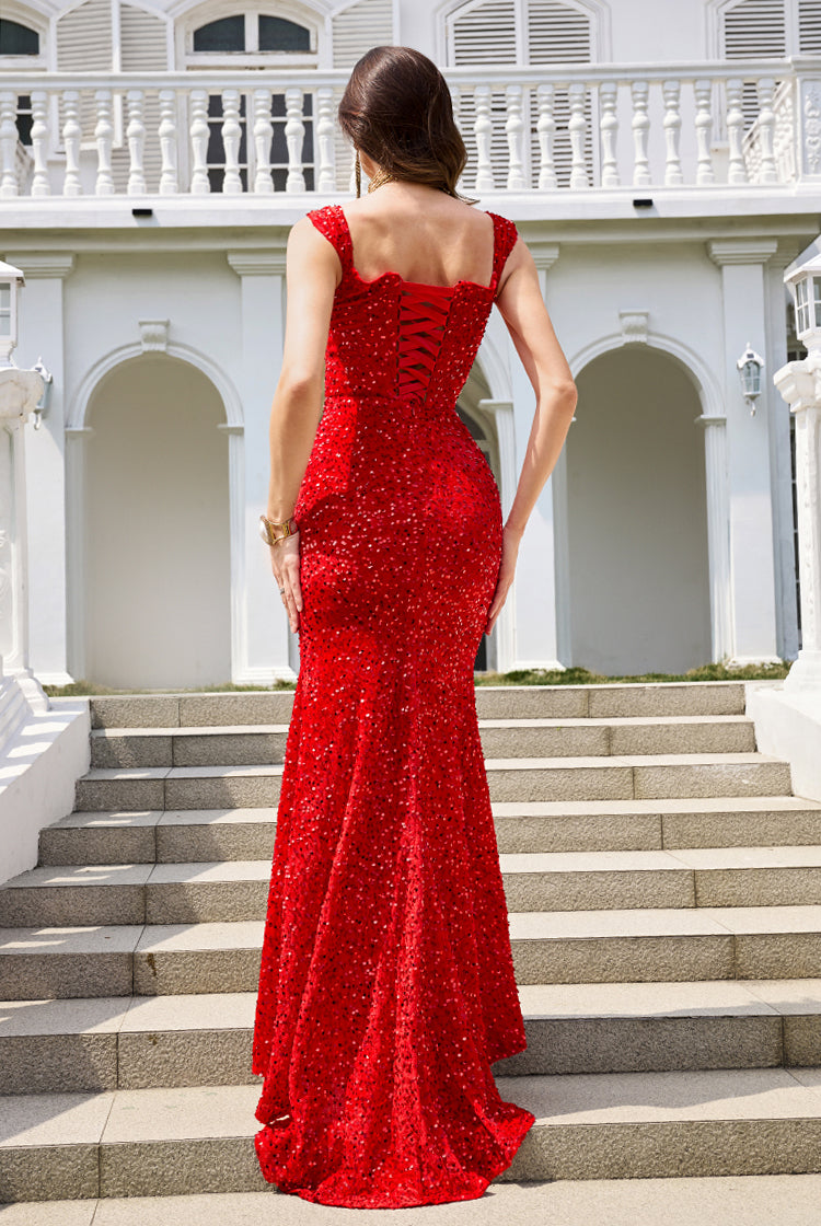 Red Sweetheart Velvet Sequin Mermaid Prom Dresses with High Slit