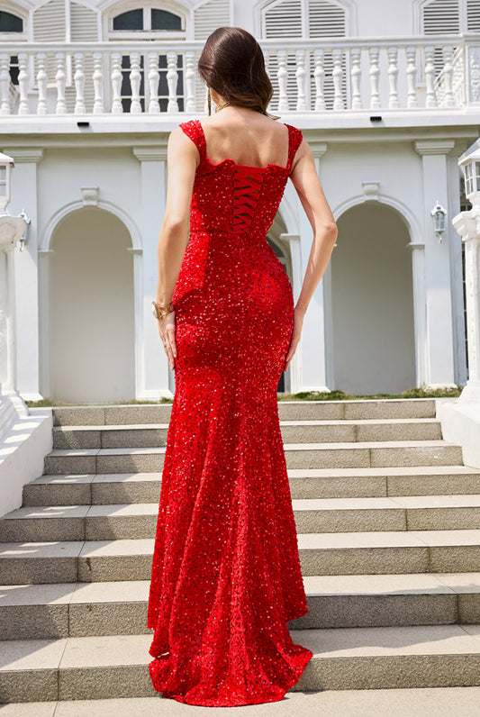Red Sweetheart Velvet Sequin Mermaid Prom Dresses with High Slit