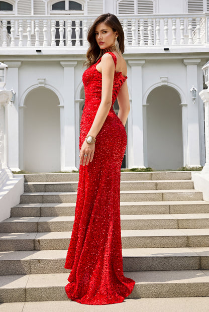 Red Sweetheart Velvet Sequin Mermaid Prom Dresses with High Slit