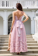 Sweetheart Neckline Pink Chiffon A-Line Prom Dresses With Slit
