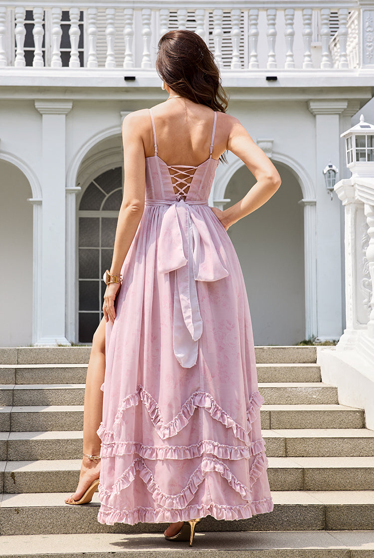 Sweetheart Neckline Pink Chiffon A-Line Prom Dresses With Slit