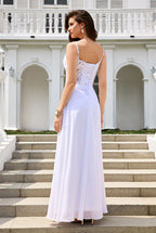 Spaghetti Straps White Chiffon A-Line Prom Dresses with Slit