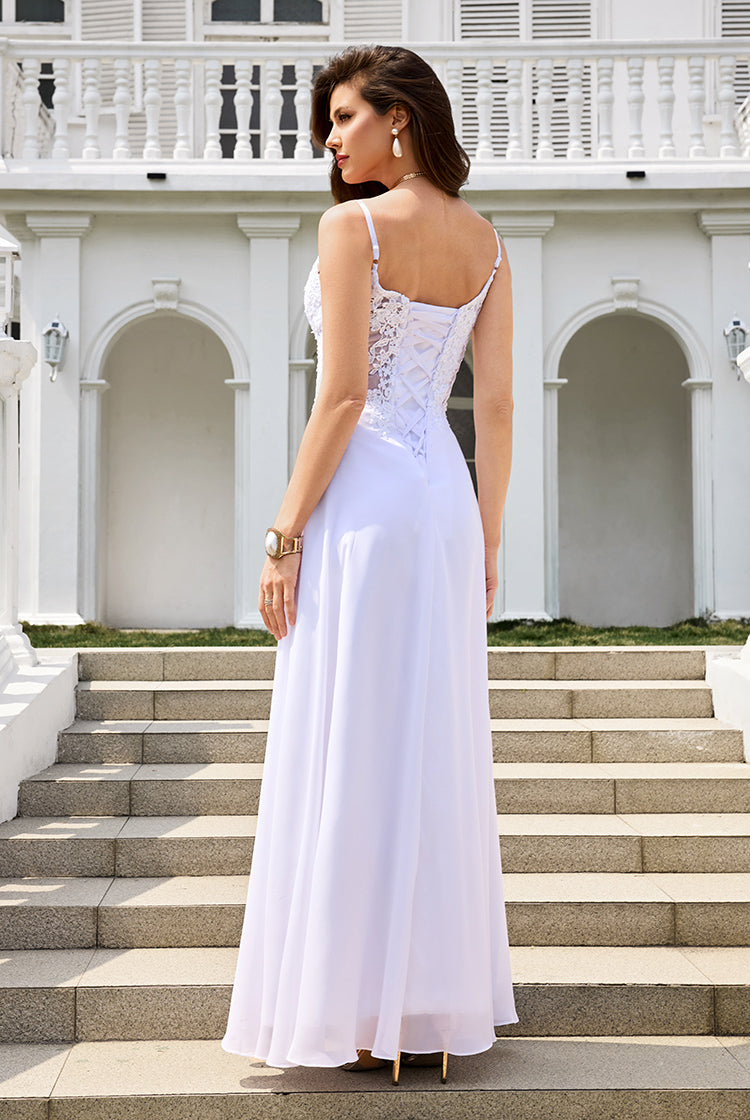 Spaghetti Straps White Chiffon A-Line Prom Dresses with Slit