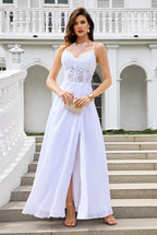 Spaghetti Straps White Chiffon A-Line Prom Dresses with Slit