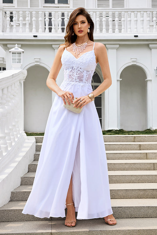 Spaghetti Straps White Chiffon A-Line Prom Dresses with Slit