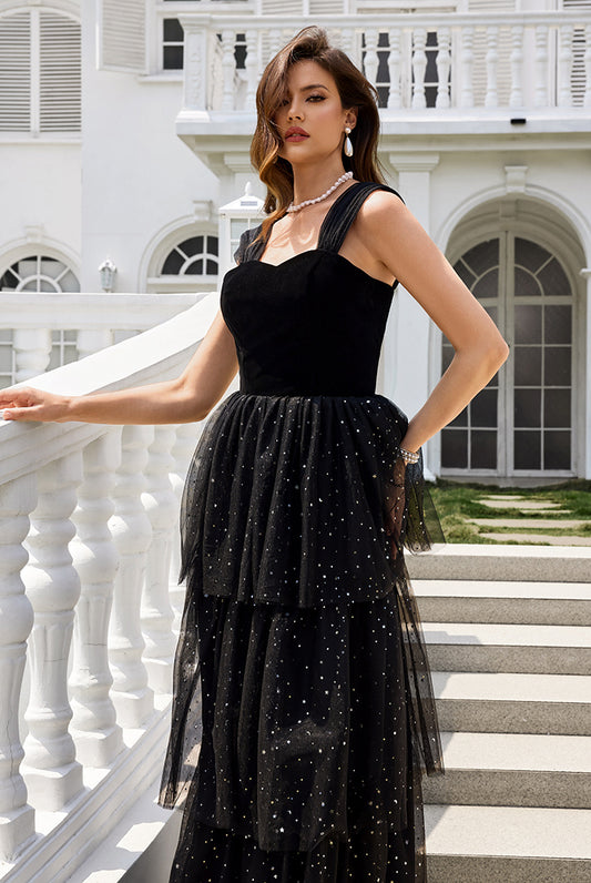 Sweetheart Neckline Black Tulle A-Line Sleeveless Prom Dresses