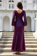 V Neck Deep Purple Sequin Mermaid Prom Dresses With Slit