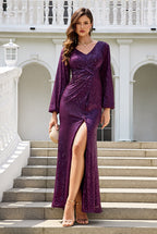 V Neck Deep Purple Sequin Mermaid Prom Dresses With Slit