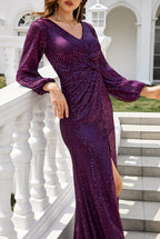 V Neck Deep Purple Sequin Mermaid Prom Dresses With Slit