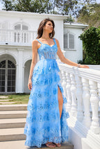 Sweetheart Neckline Sky Blue Tulle A-Line Prom Dresses