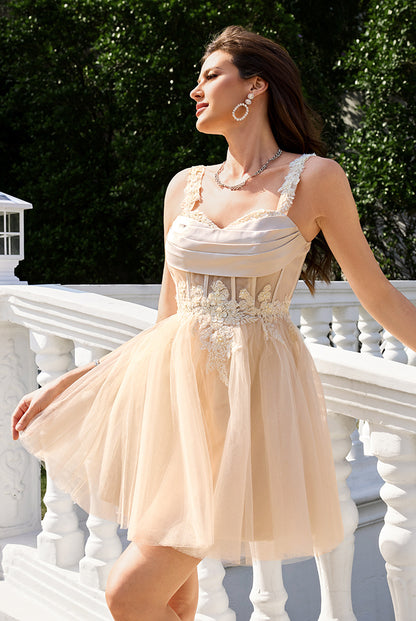 Champagne Sweetheart Neckline Tulle A-Line Homecoming Dresses With Appliques