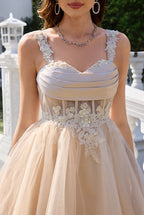 Champagne Sweetheart Neckline Tulle A-Line Homecoming Dresses With Appliques