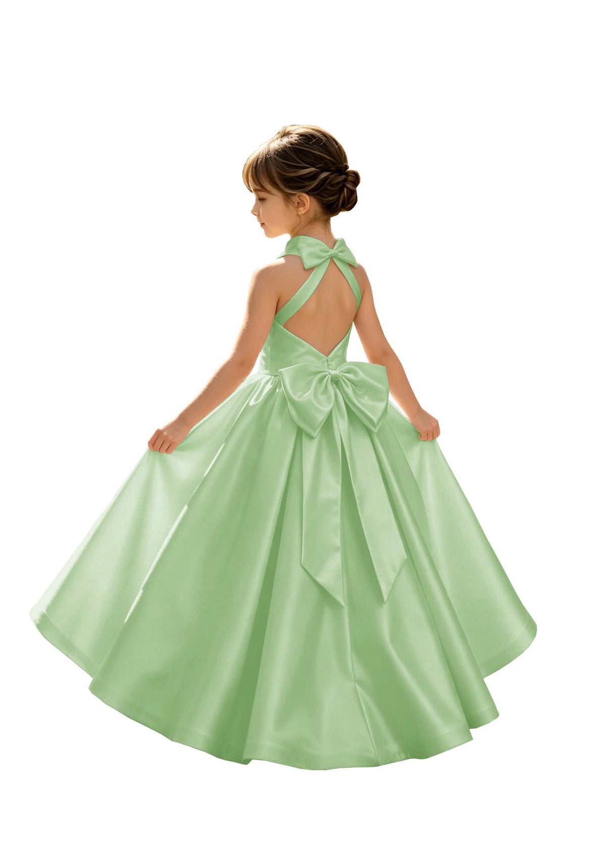 A-Line Halter High Neck Satin Flower Girl Dress with Big Back Bow