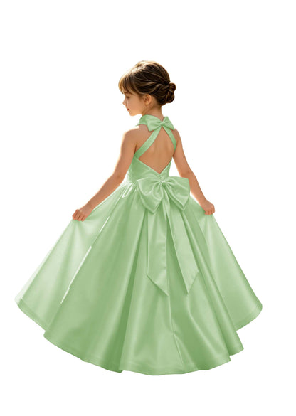 A-Line Halter High Neck Satin Flower Girl Dress with Big Back Bow