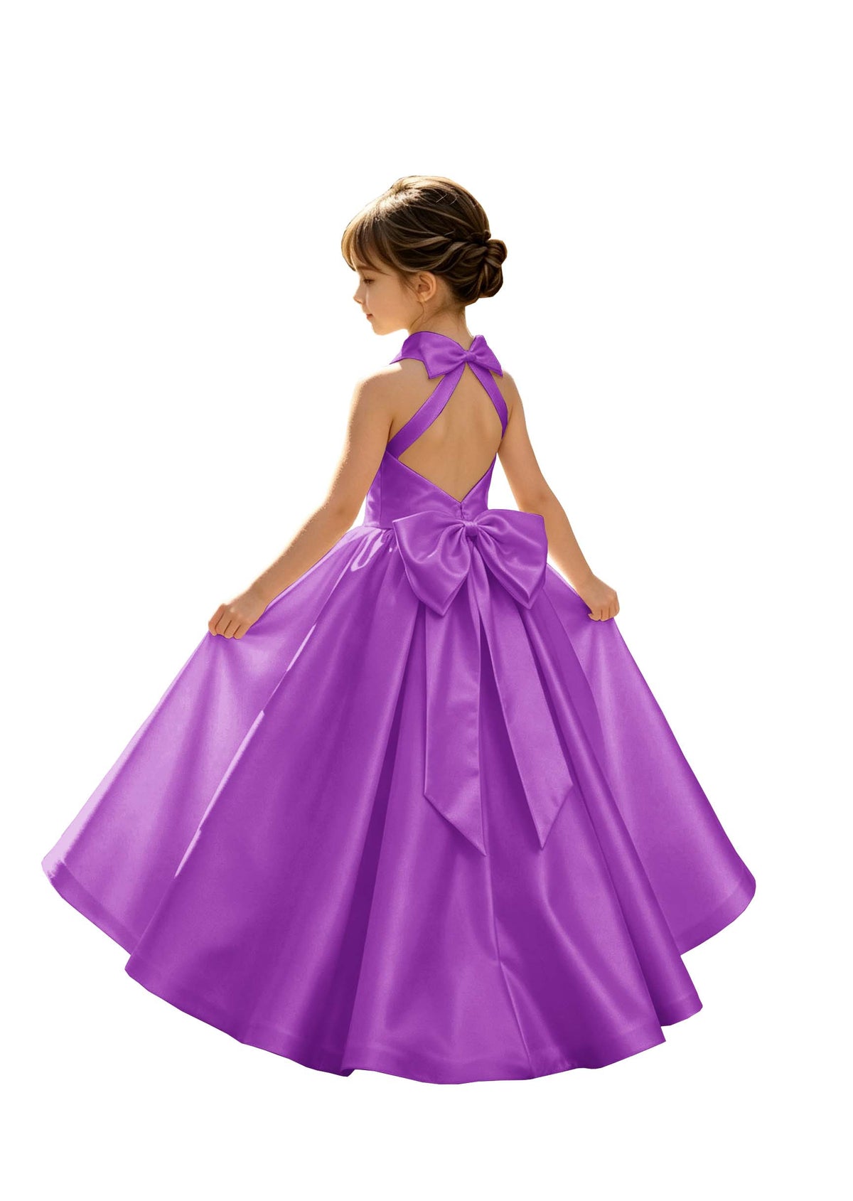 A-Line Halter High Neck Satin Flower Girl Dress with Big Back Bow
