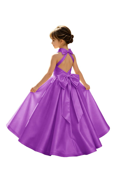 A-Line Halter High Neck Satin Flower Girl Dress with Big Back Bow