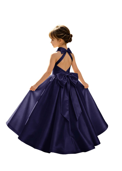 A-Line Halter High Neck Satin Flower Girl Dress with Big Back Bow