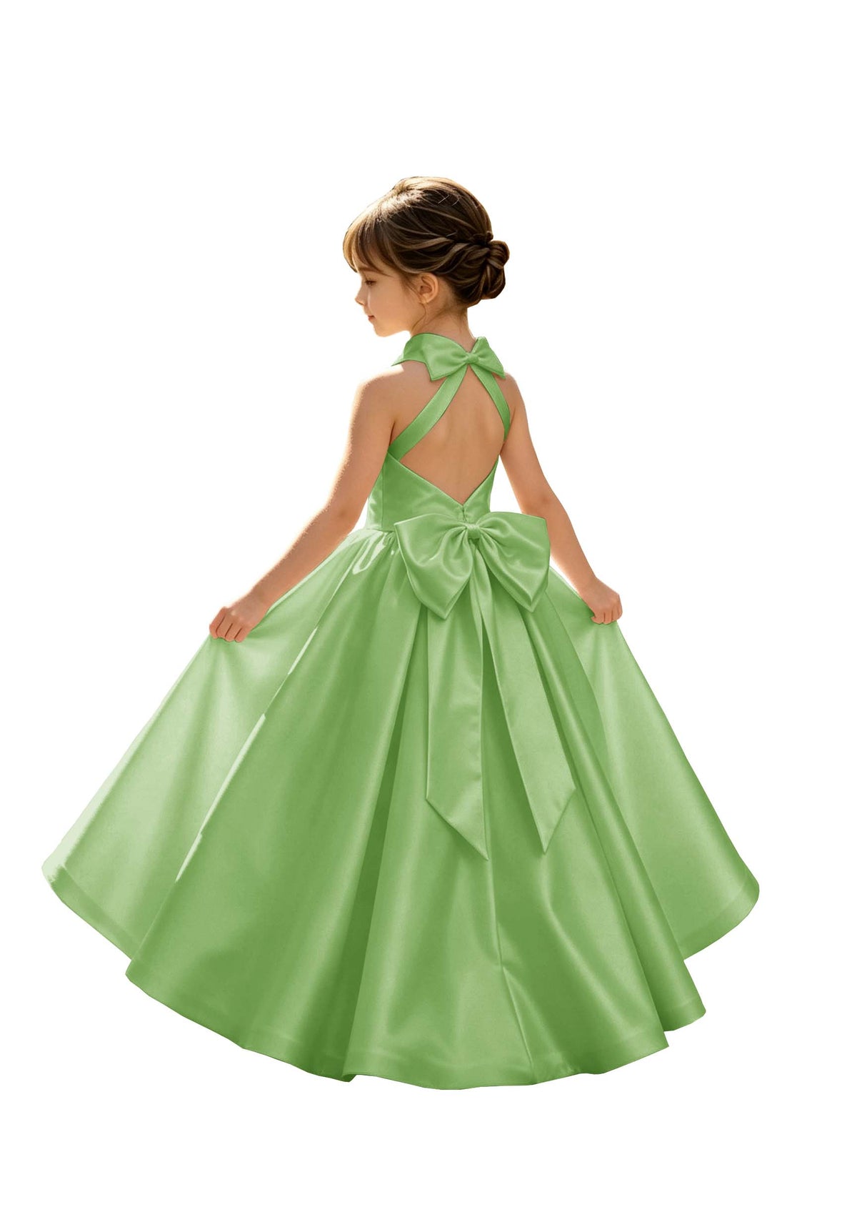A-Line Halter High Neck Satin Flower Girl Dress with Big Back Bow