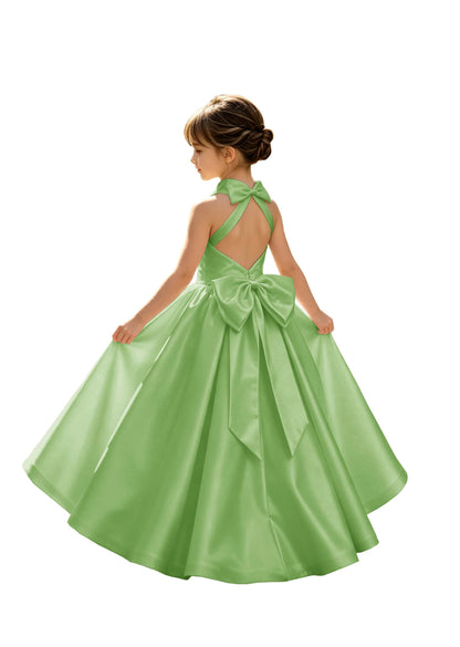 A-Line Halter High Neck Satin Flower Girl Dress with Big Back Bow