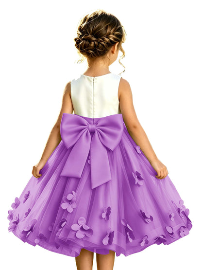 Sage Green Tulle A-Line Flower Girl Dress with Floral Appliques & Big Back Bow