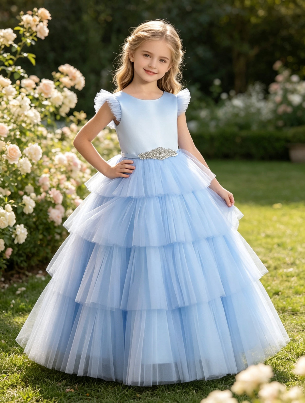 Sky Blue Tiered Tulle Flower Girl Dress with Rhinestone Belt & V-Back