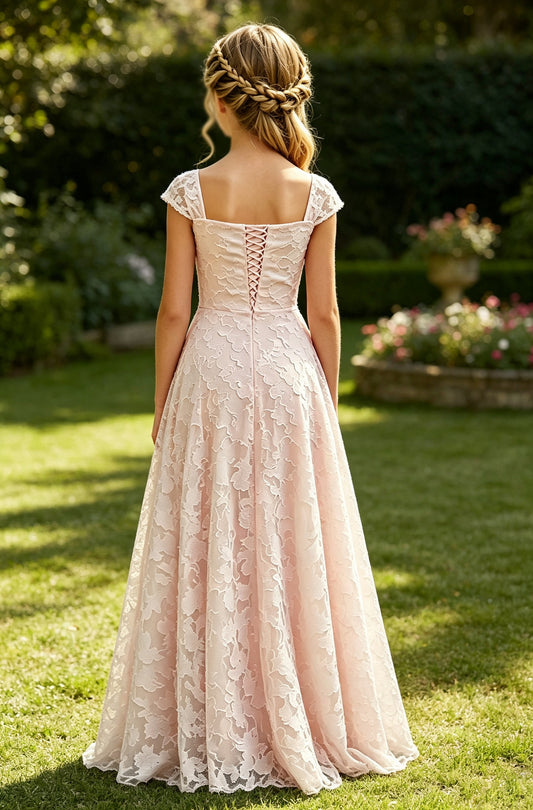 Elegance Blush Pink Lace Cap Sleeve A-Line Flower Girl Dress with Lace-Up Back