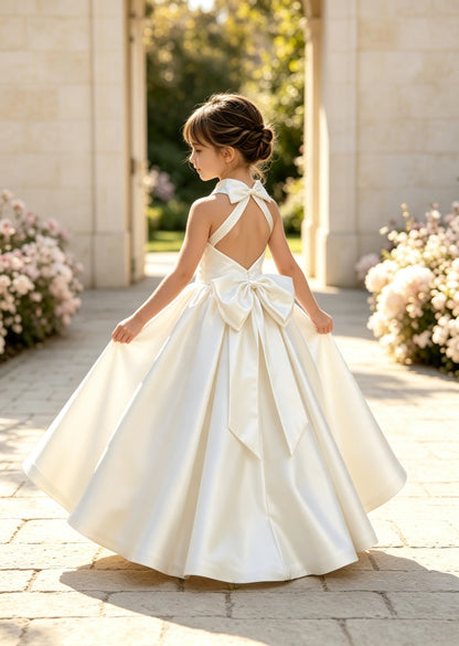A-Line Halter High Neck Satin Flower Girl Dress with Big Back Bow