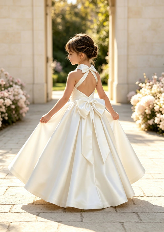 A-Line Halter High Neck Satin Flower Girl Dress with Big Back Bow