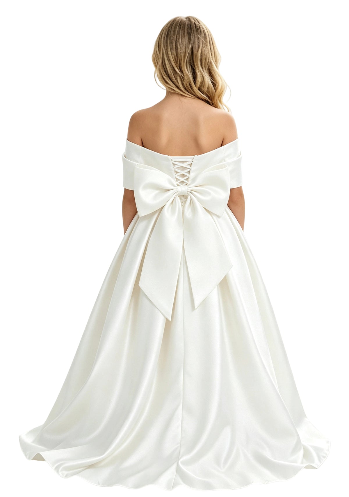 Off-the-Shoulder Satin Ball Gown Flower Girl Dress with Big Back Bow