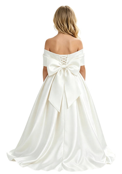 Off-the-Shoulder Satin Ball Gown Flower Girl Dress with Big Back Bow