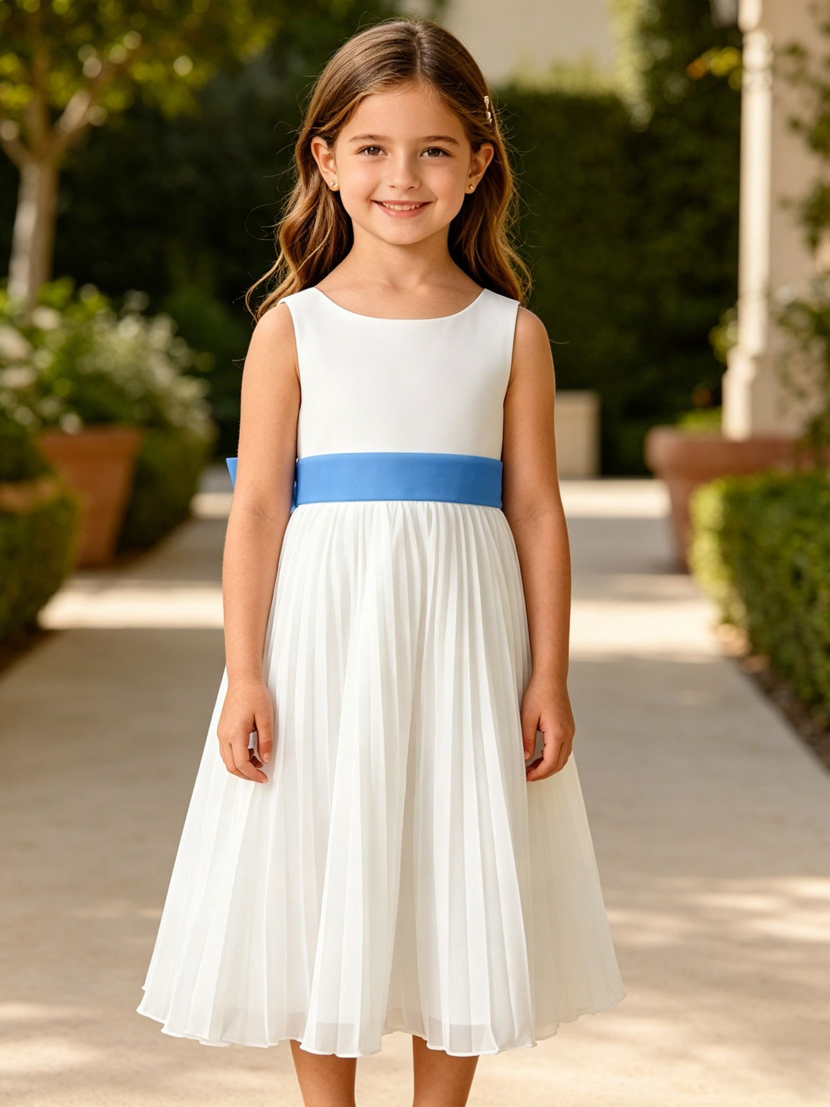 Elegant A-Line Pleated Chiffon Flower Girl Dress with Big Bow Sash