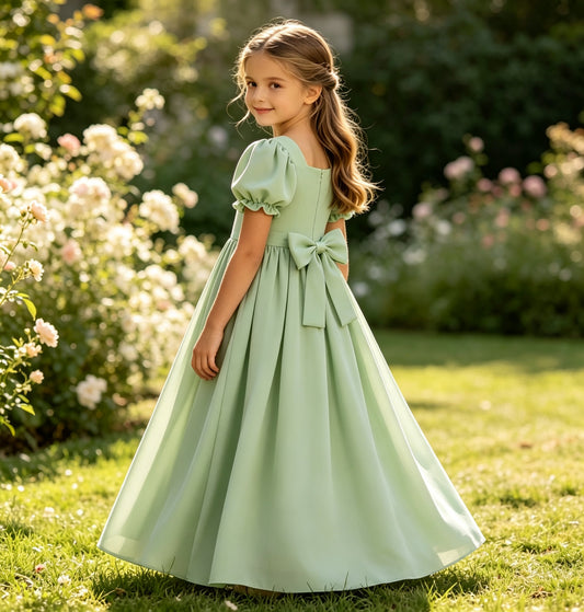 Sage Green Square Neck Puff Sleeve Chiffon Flower Girl Dress with Back Bow