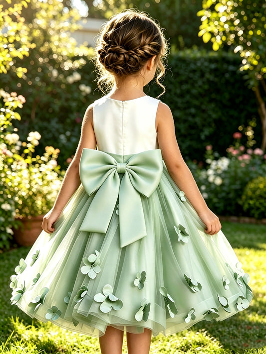 Sage Green Tulle A-Line Flower Girl Dress with Floral Appliques & Big Back Bow