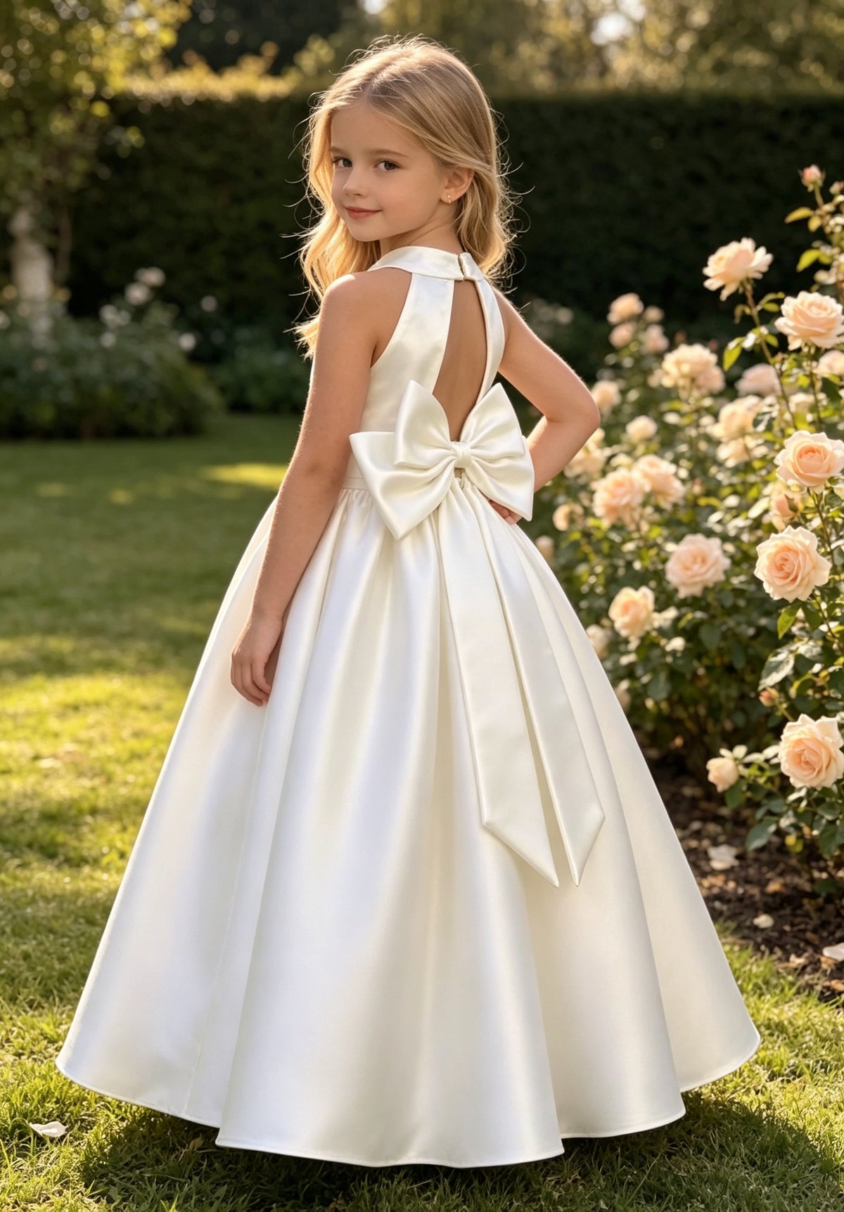Elegant Halter Neck Satin A-Line Flower Girl Dress with Pearl Waistband and Back Bow