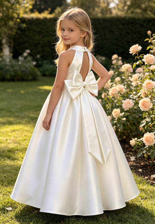 Elegant Halter Neck Satin A-Line Flower Girl Dress with Pearl Waistband and Back Bow