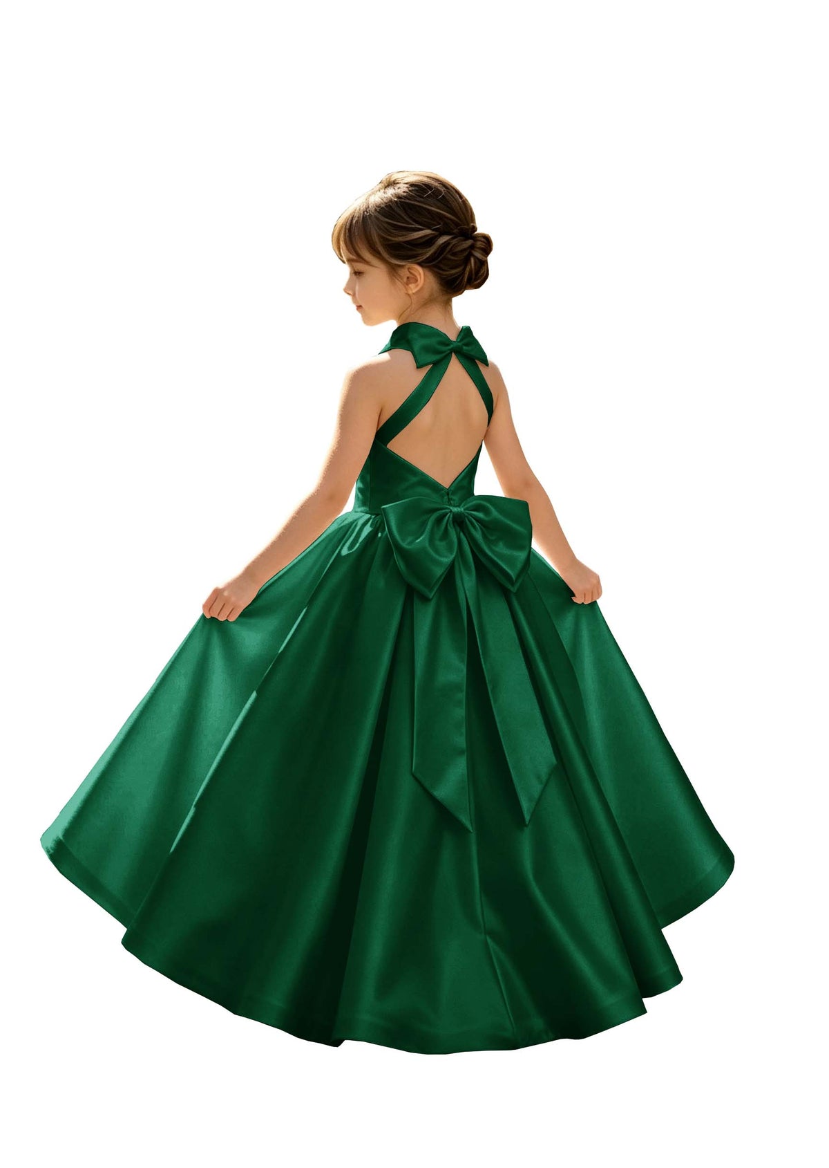 A-Line Halter High Neck Satin Flower Girl Dress with Big Back Bow