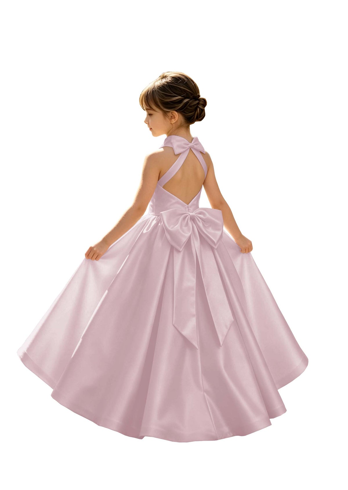 A-Line Halter High Neck Satin Flower Girl Dress with Big Back Bow