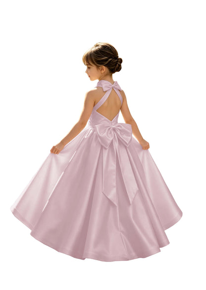 A-Line Halter High Neck Satin Flower Girl Dress with Big Back Bow