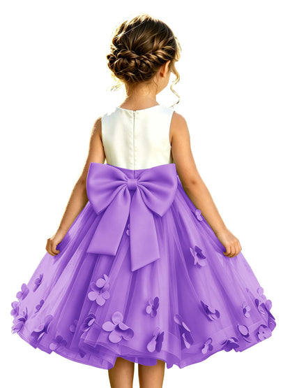 Sage Green Tulle A-Line Flower Girl Dress with Floral Appliques & Big Back Bow