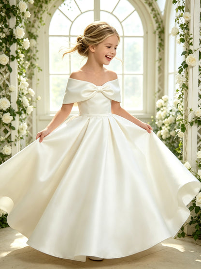 Off-the-Shoulder Satin Ball Gown Flower Girl Dress with Big Back Bow