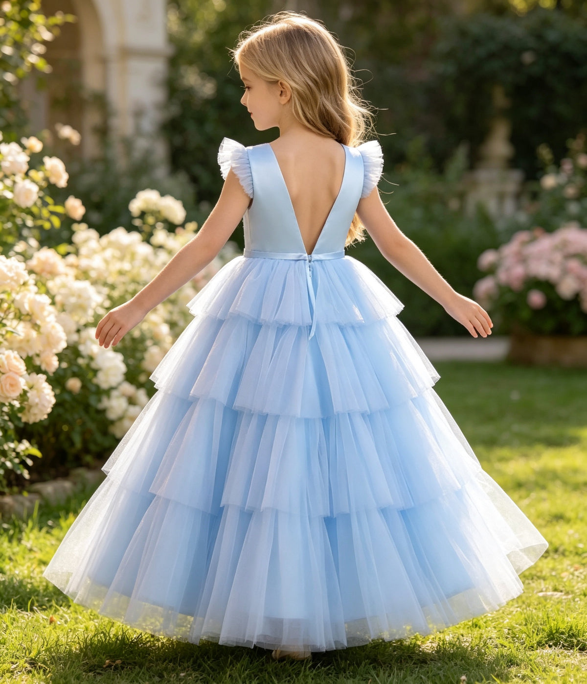 Sky Blue Tiered Tulle Flower Girl Dress with Rhinestone Belt & V-Back