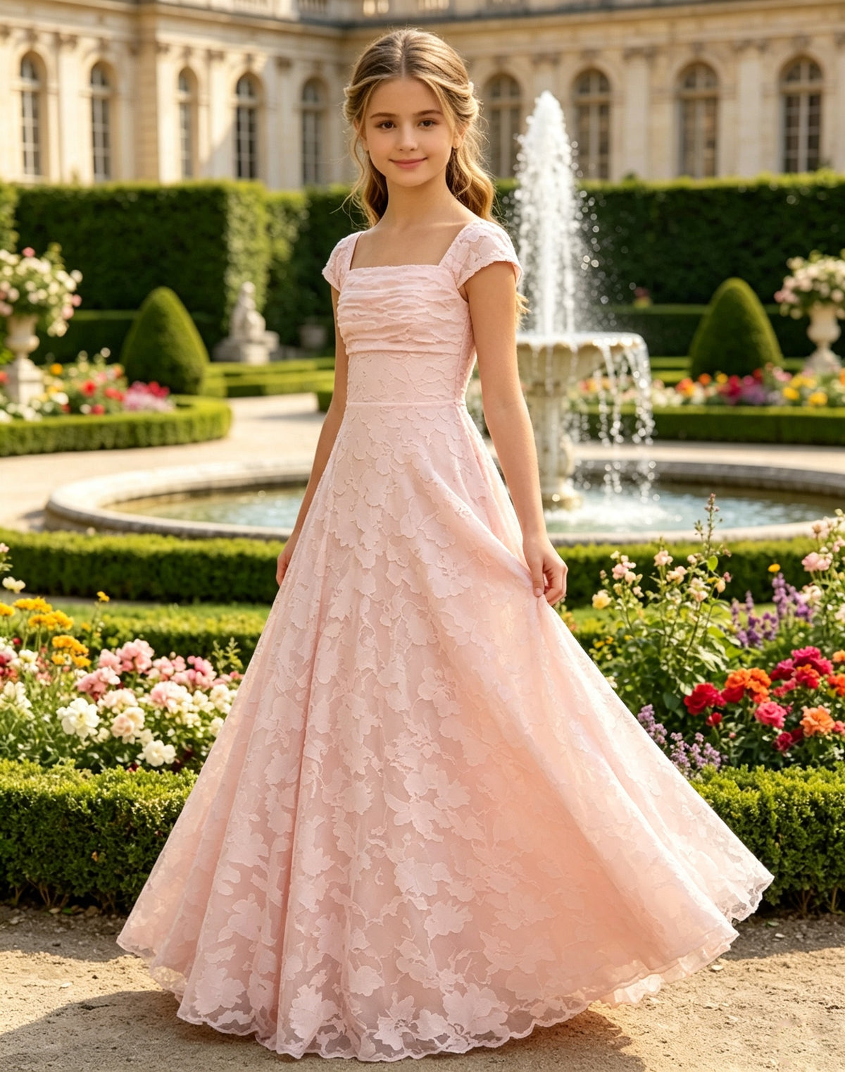 Elegance Blush Pink Lace Cap Sleeve A-Line Flower Girl Dress with Lace-Up Back