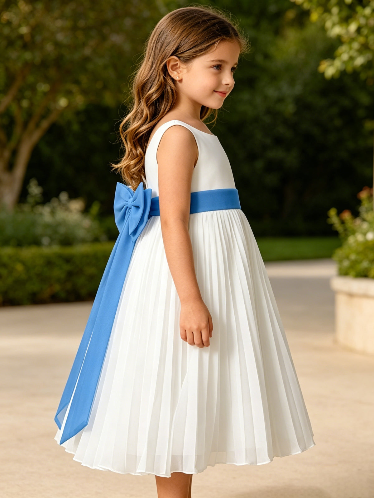 Elegant A-Line Pleated Chiffon Flower Girl Dress with Big Bow Sash