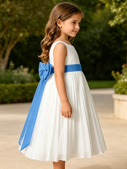 Elegant A-Line Pleated Chiffon Flower Girl Dress with Big Bow Sash