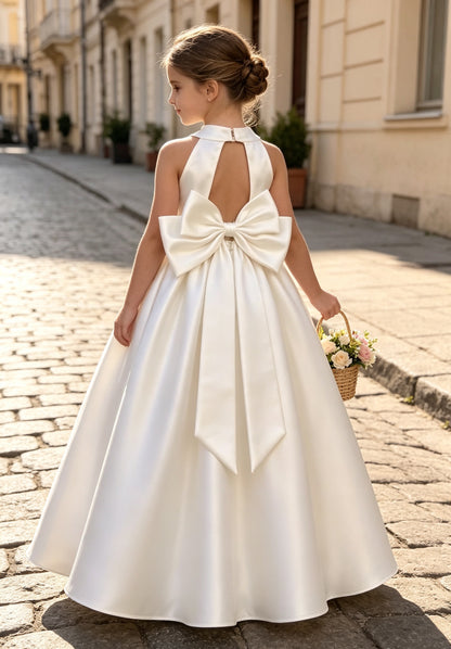 Elegant Halter Neck Satin A-Line Flower Girl Dress with Pearl Waistband and Back Bow