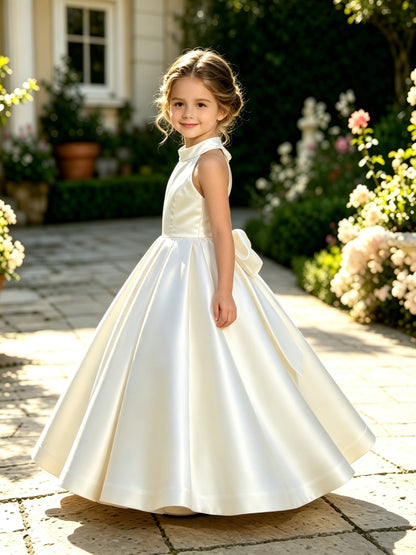 A-Line Halter High Neck Satin Flower Girl Dress with Big Back Bow
